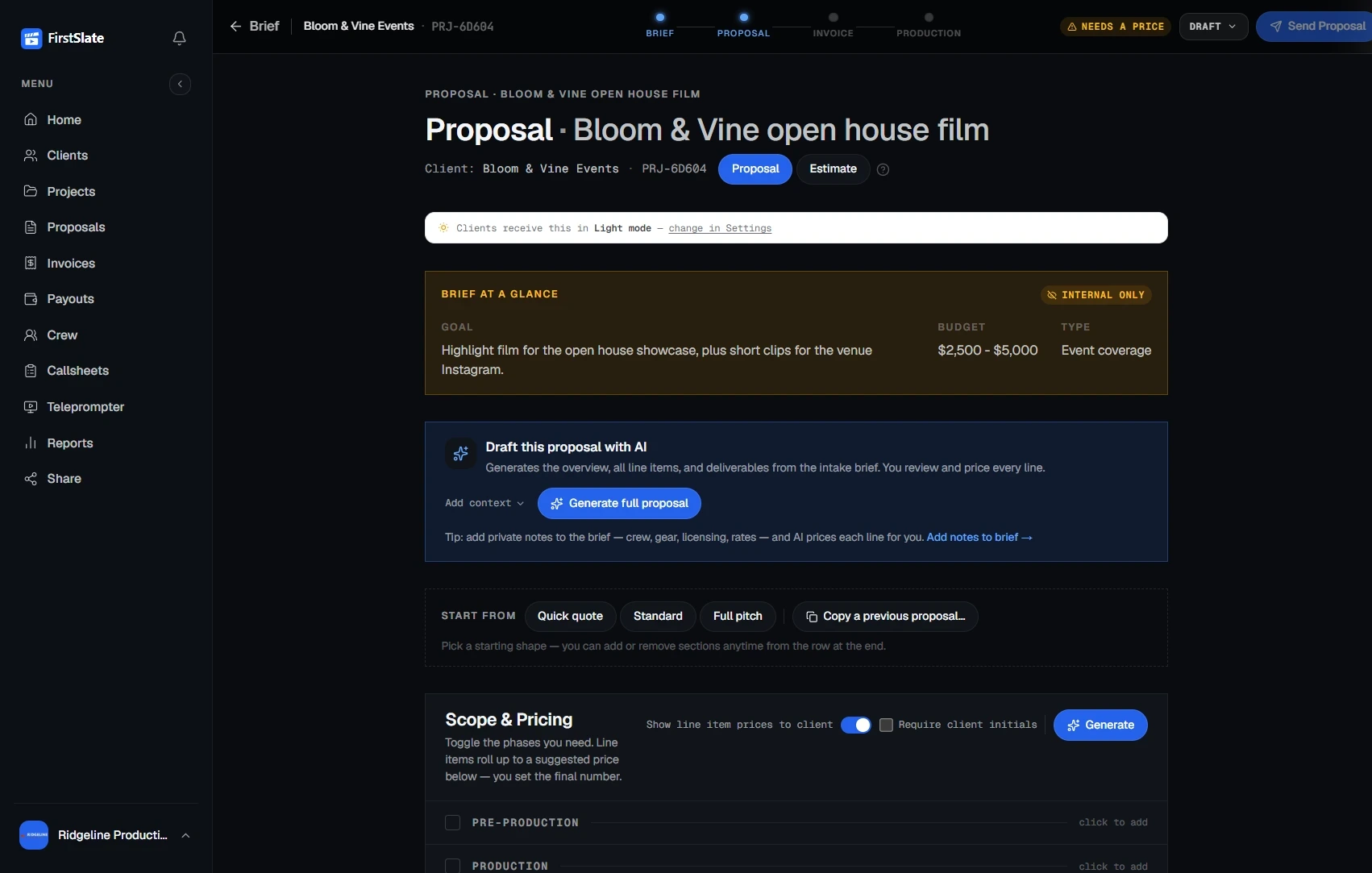 FirstSlate proposal builder with the AI assistant drafting a priced proposal from a client brief